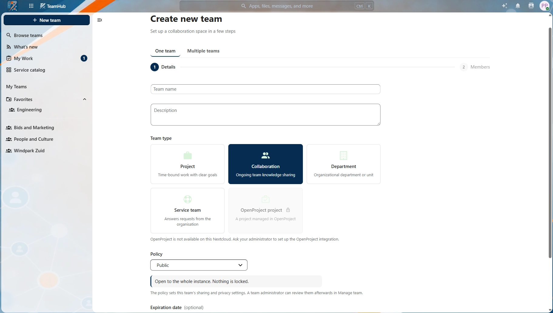The TeamHub create-team form, showing a choice of team type, the applications and modules the new team will get, and a privacy setting.