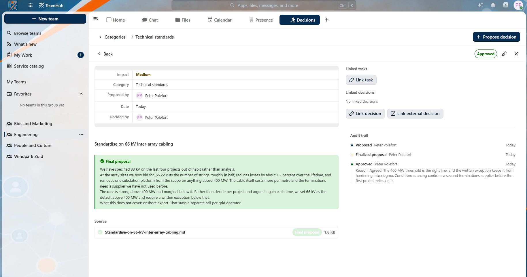 The same TeamHub decision after approval, showing the recorded reason, the approver, the timestamp and the append-only audit trail beneath it.