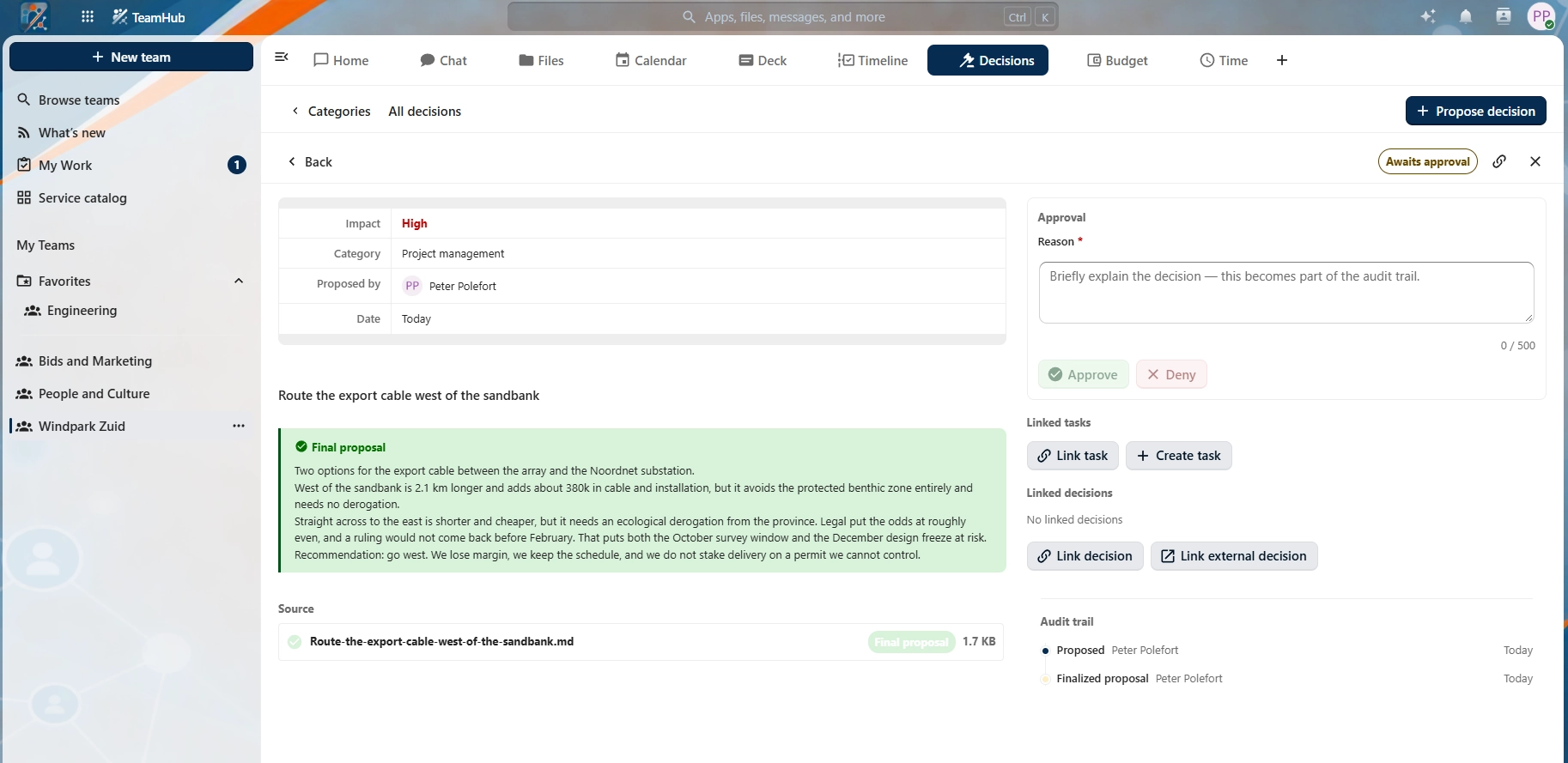 A TeamHub decision awaiting approval: the proposal to route the export cable west of the sandbank, with its impact, its category, the named approver and the work it is linked to.