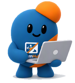Huub, the TeamHub digital assistant, working on a laptop.