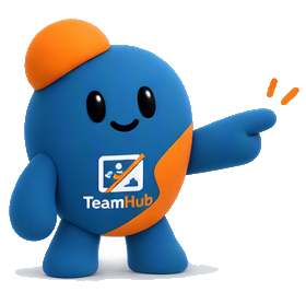 Huub, the TeamHub digital assistant, pointing to the steps below.