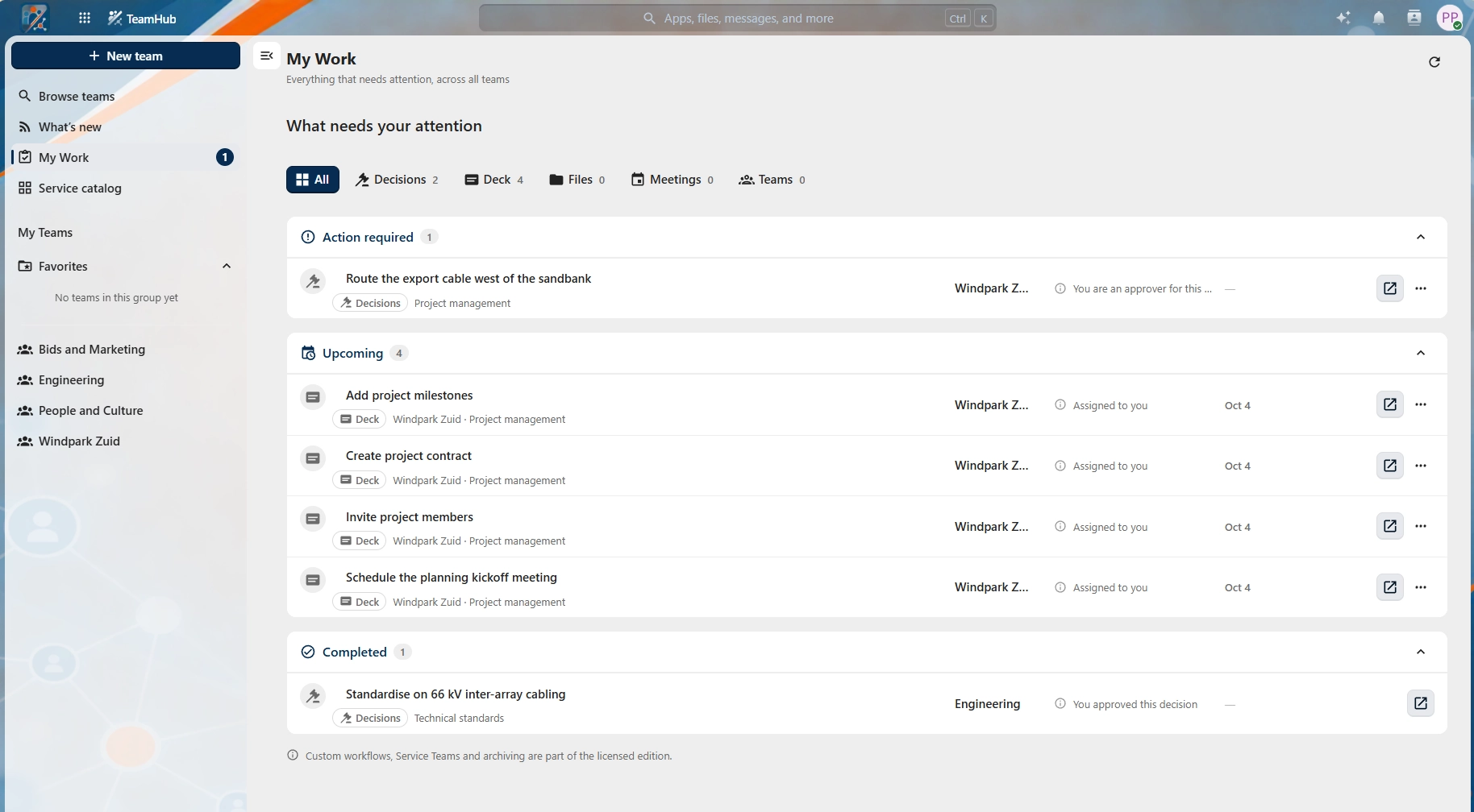 The My Work queue in TeamHub, listing a decision awaiting approval and several tasks drawn from two different teams, each row showing why it is on the list.