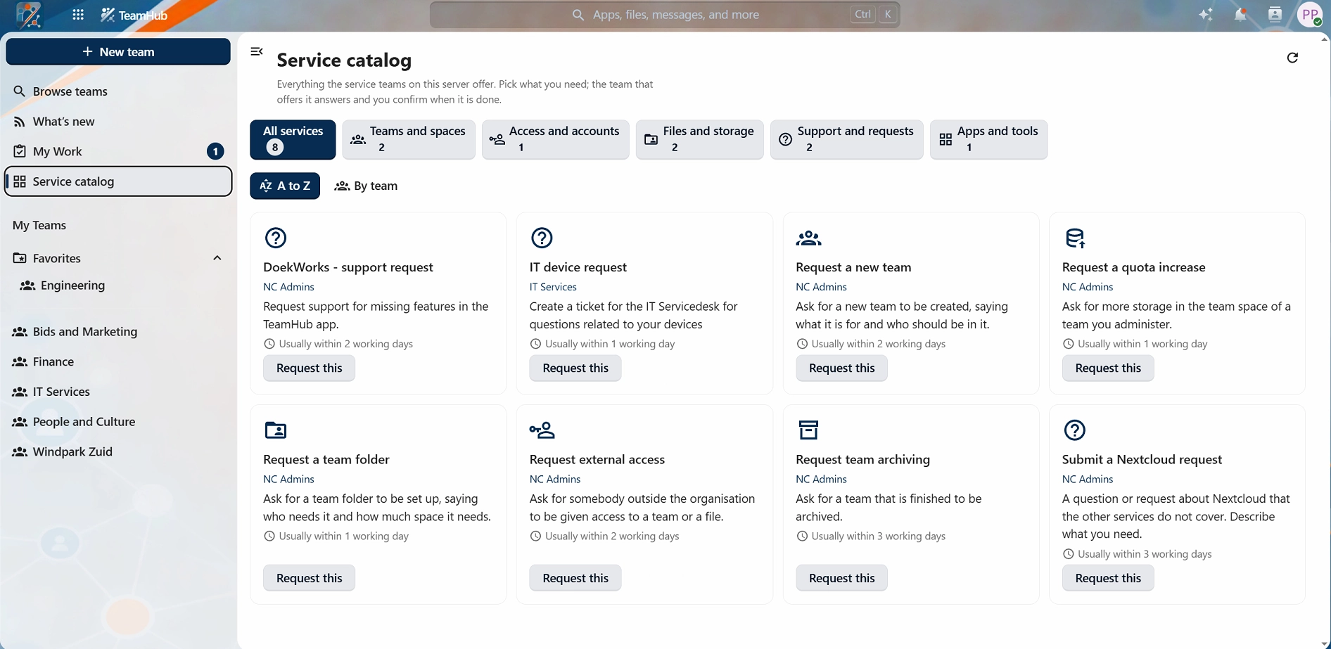 The TeamHub service catalogue, with services filtered by category across the top and each card naming the service, the team that answers it, what it is for and the usual response time in working days.