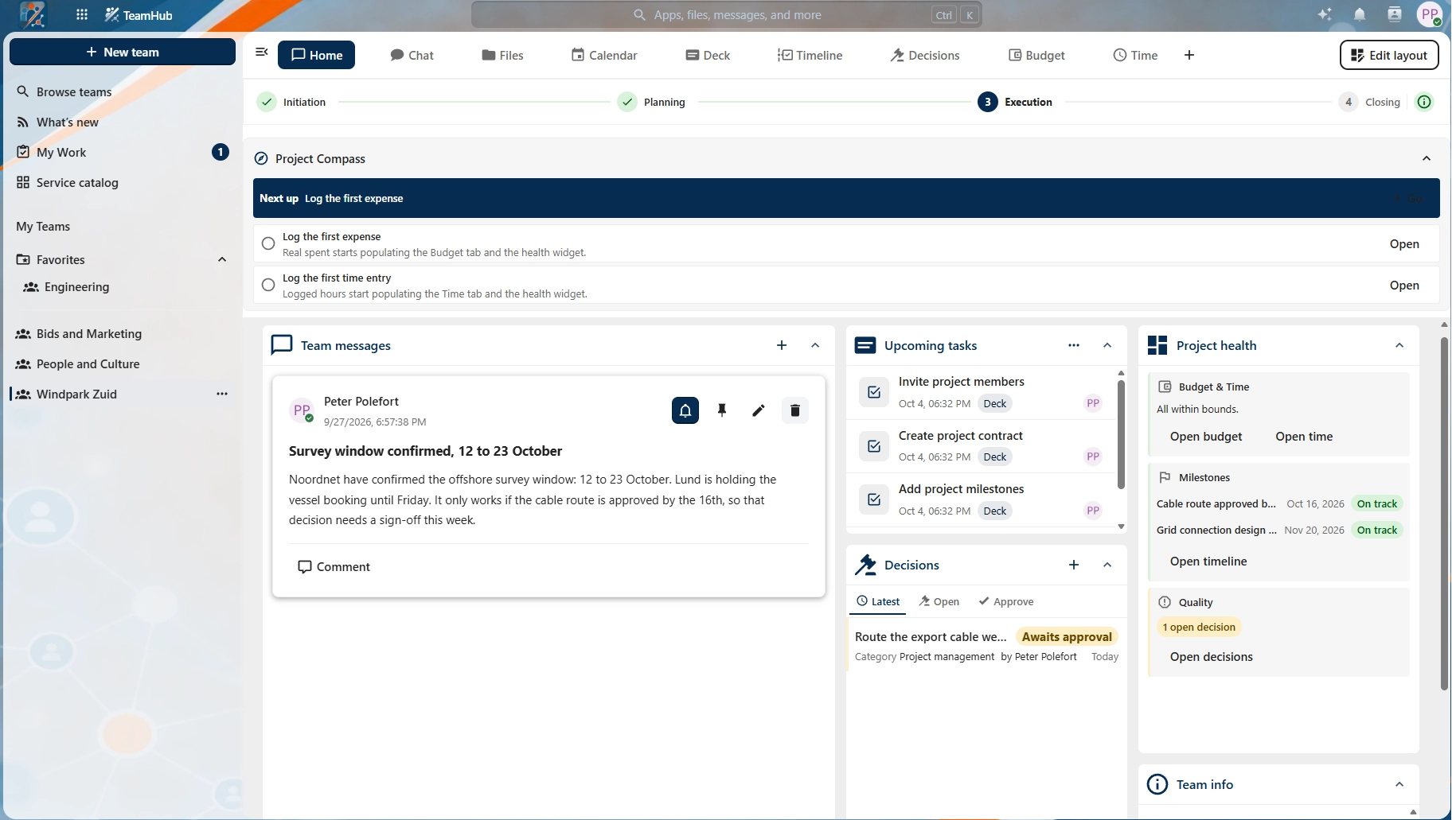 The Windpark Zuid team home in TeamHub, showing the four project phases across the top, the Project Compass, the team message stream, upcoming Deck tasks, recent decisions and a project health panel.